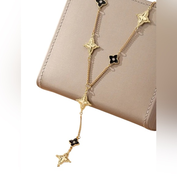 18k Gold and Black Flower Lucky Clover Y-Drop Necklace Waterproof, Tarnishproof - Picture 5 of 5